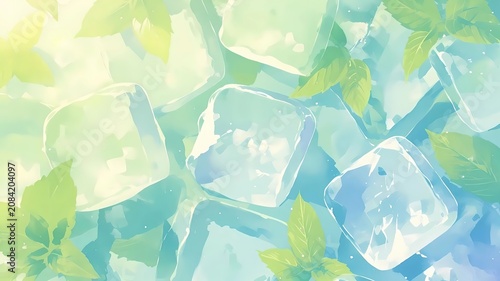 Mint Cyan Watercolor Ice Cubes Leaves Refreshing Summer Abstract