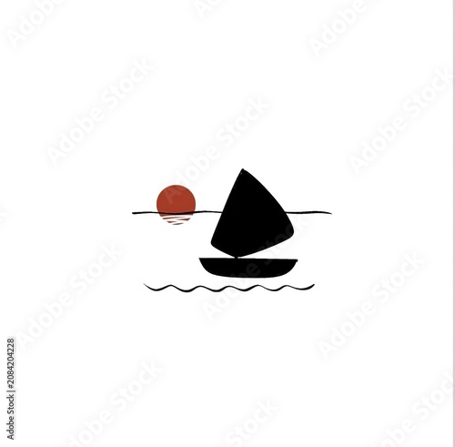 Geometric Sailboat Black Hull Red Sun Simple Water Abstract Maritime