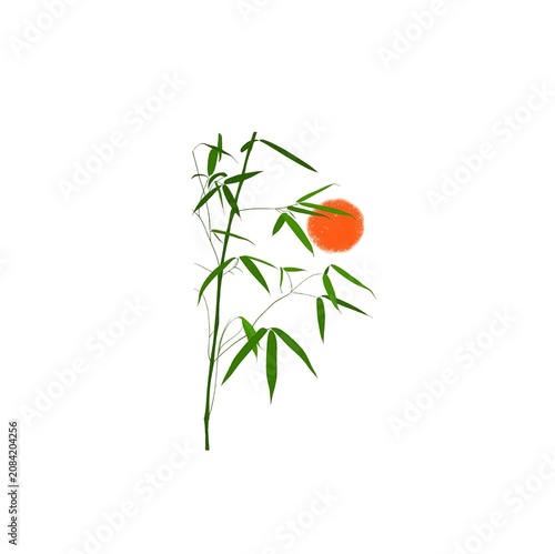 Minimalist Bamboo Green Leaves Orange Sun Zen Oriental Line Art