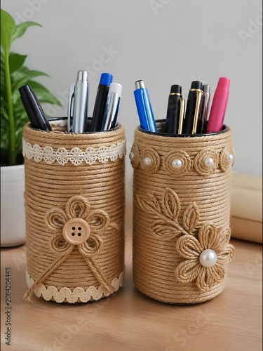 Two desktop pen holders crafted from aluminum cans are stylishly wrapped in natural jute twine. Each holder features intricate designs with floral patterns.