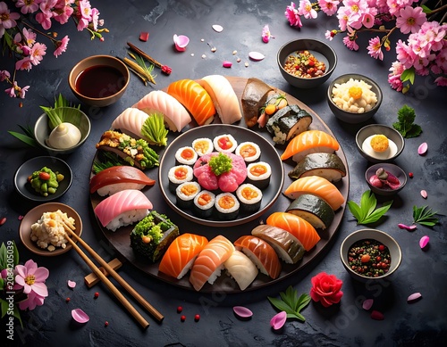 Exquisite Sushi Platter Arrangement with Cherry Blossoms and Accompaniments.