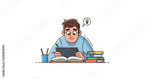 Foto Young man studying with books.