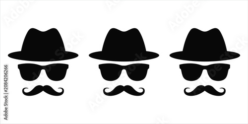 Three Black Silhouette Icons of Men's Faces with Hats Sunglasses and Mustaches Keywords: men, face, silhouette, icon, hat