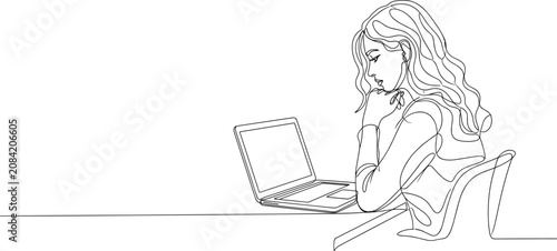 Foto Woman working on laptop line art drawing with continuous single line minimalist female character studying browsing or freelancing at desk