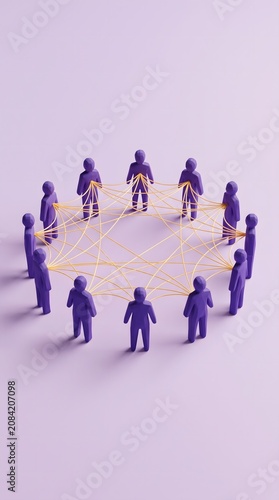 3D render of purple human figures standing in a circle connected by golden network threads, symbolizing teamwork, networking and social connection