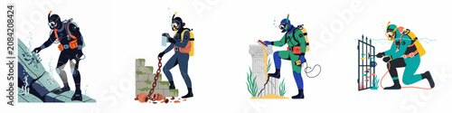 Cuadro en lienzo Collection of illustrations depicting professional scuba divers performing underwater archeology, exploring ruins, and discovering ancient artifacts