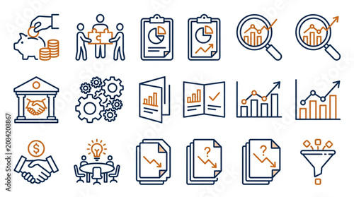 Collection of Business and Finance Icons Representing Growth and Analysis.