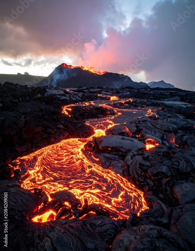 Fiery Lava Flow Illuminates Volcanic Landscape Under Dramatic Sky.