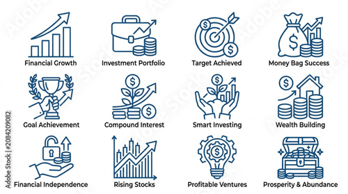 Business growth and success icons with financial and investment concepts.