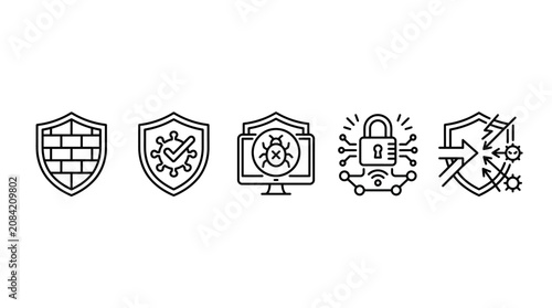 Set of Linear Cybersecurity Icons Featuring Network Protection Shield Firewall Malware Detection and Digital Encryption Symbols