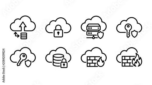 Set of Linear Cloud Computing and Network Security Icons Featuring Data Encryption and Firewall Protection Symbols