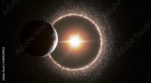 Exotic alien planet with glowing star ring in deep space, cosmic scene with bright sun and sparkling stellar ring system