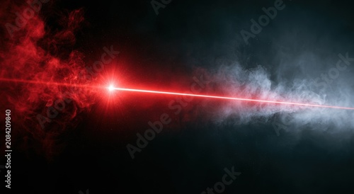 Red laser beam cutting through smoke on black background, bright glowing light ray with futuristic technology and sci-fi effect
