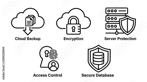 Vector outline icons for cyber security network system data protection and privacy