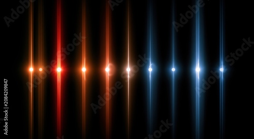 Vertical colorful light beams spectrum on black background, glowing optical lines with warm to cool gradient and modern lighting