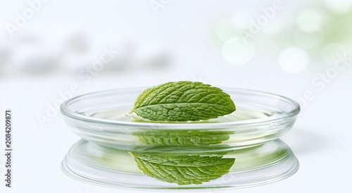 Fresh mint leaf floating on liquid in glass petri dish, natural herbal skincare concept with reflection and organic beauty science