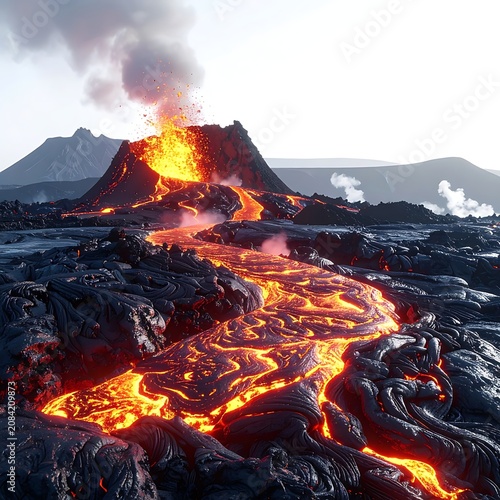 Fiery Lava Flowing Down a Volcano During Eruption.