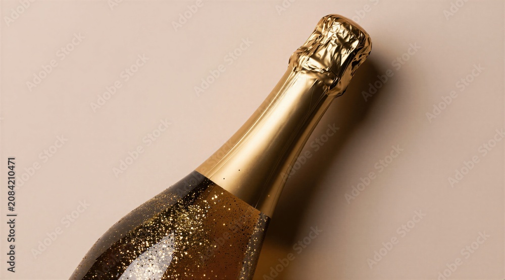 Fototapeta premium Gold champagne bottle with glitter. Celebratory bubbly drink ready to pour for special event. Festive occasion beverage in luxurious packaging for party.