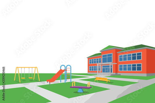 School building with playground equipment like swings, slide, seesaw and bench in the yard
