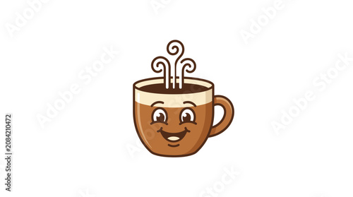 A cute cartoon coffee cup character with a happy smiling face and rising steam