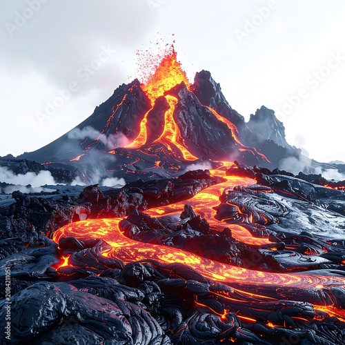 Fiery Volcano Eruption Spewing Molten Lava Downhill.