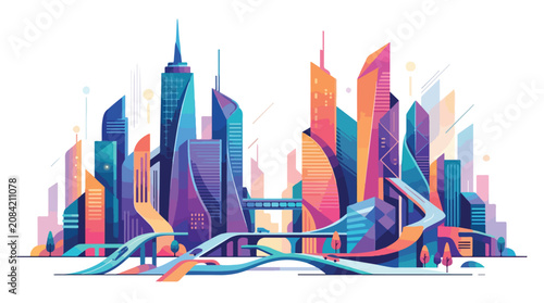 Vibrant futuristic city skyline with modern skyscrapers and architectural curves.