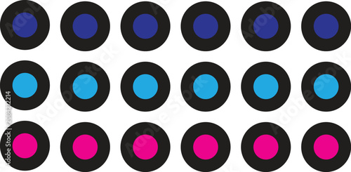 Minimalist vector graphic illustration featuring rows of colorful circles with black borders arranged in a clean grid on transparent background