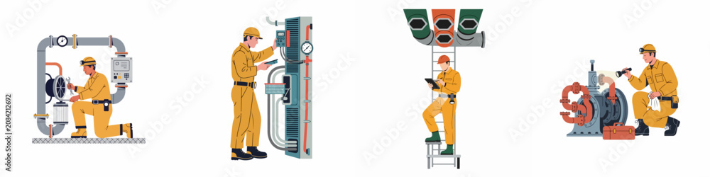 Obraz premium Set of industrial maintenance workers performing repairs, inspections, and technical tasks on machinery and pipe systems in a factory or power plant.