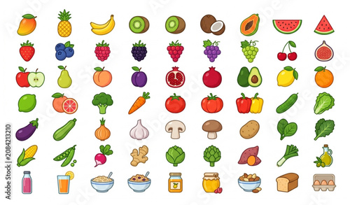 Obraz na płótnie Organic Fruit Icon Pack with Fresh Produce, Healthy Vegetarian Foods and Colorfu