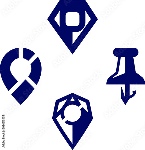 Location pins in dark blue geometric shapes serve as modern markers for digital mapping systems.