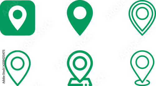 Map markers in various green styles represent navigation and location services on digital platforms.