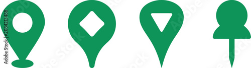 Location markers and push pins in green tones provide a versatile set of symbols for mapping applications and digital user interfaces.