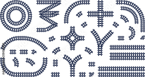 Railway tracks in various configurations are displayed as a set of flat vector elements for transport design.