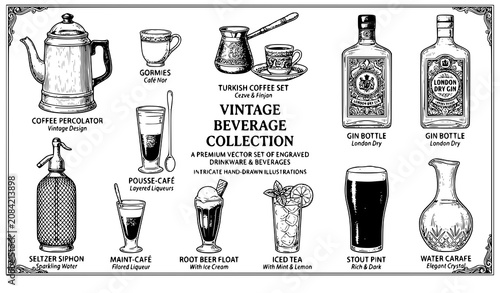 Obraz na plátně Vintage Beverage Collection Vector Illustration Set Featuring Hand Drawn Sketche