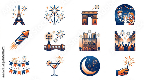 Schilderij op canvas Parisian Celebration Icons with Fireworks and Festive Elements.