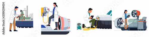 Cuadro en lienzo Set of illustrations featuring engineers and scientists in lab coats inspecting, testing, and maintaining advanced industrial machinery and hovercraft technology