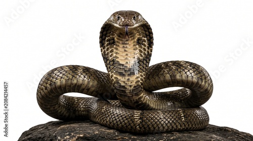 A king cobra coiled gracefully with its hood fully flared in a defensive stance.