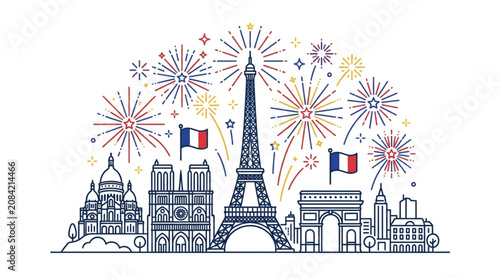 Obraz na plátne Parisian Skyline Celebration with Fireworks and Flags.