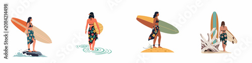 Schilderij op canvas Flat illustrations of female surfers carrying surfboards in tropical beach settings, wearing swimsuits and floral sarongs, perfect for summer and vacation themes