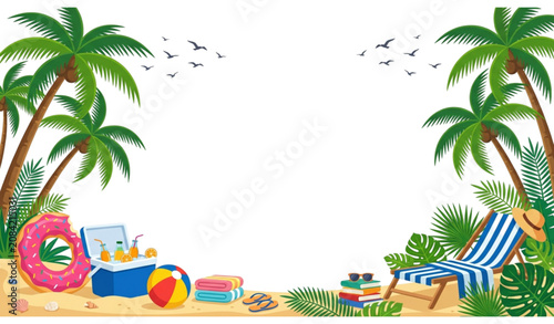 Tropical Summer Beach Border Flat Vector Illustration with Large Center Copy Space