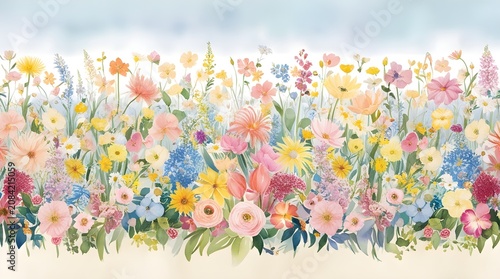 Vibrant Panoramic Field of Colorful Blooming Flowers in Spring Meadow Under Blue Sky | Scenic Floral Landscape Nature Background for Travel, Gardening, and Seasonal Design