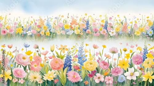 Vibrant Panoramic Field of Colorful Blooming Flowers in Spring Meadow Under Blue Sky | Scenic Floral Landscape Nature Background for Travel, Gardening, and Seasonal Design