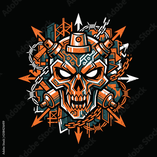 An aggressive skull design featuring urban graffiti and street art elements