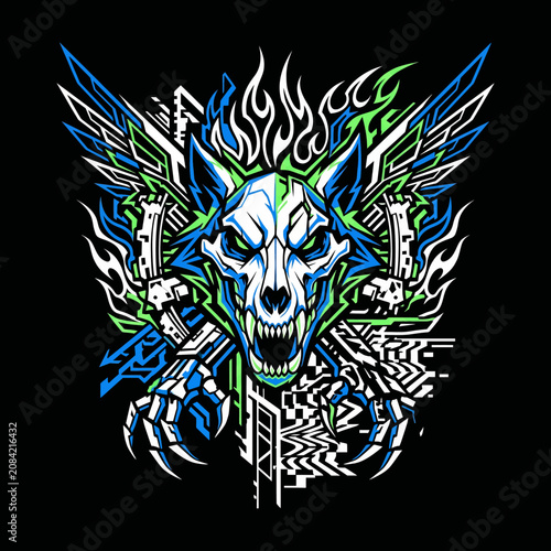 Cybernetic wolf head illustration with sharp teeth and glowing eyes