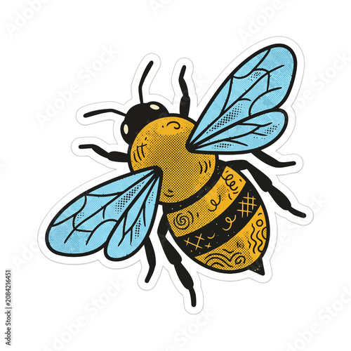 Bild auf Leinwand A vintage sticker illustration of a honeybee with blue wings