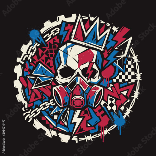 Edgy skull illustration with gas mask, crown and abstract elements