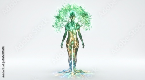 nature green energy light abstract art digital roots branches leaves body form vibrant colors auroral fantasy mythical symbolic ecology environment growth harmony balance unity