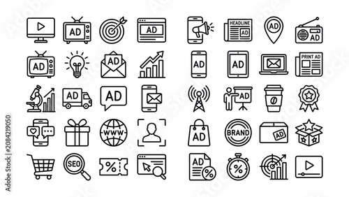 Black and white line icons set for business marketing and advertising concepts with various symbols and graphics on transparent background