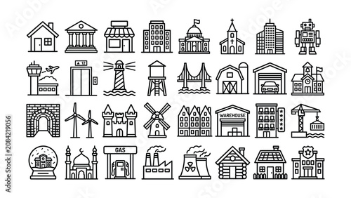 A collection of various iconic line drawings of buildings and structures for architecture and travel concepts  houses  landmarks  vehicles