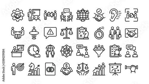 Black and white line icons set of business communication teamwork marketing management strategy and finance concepts  business icons on transparent background